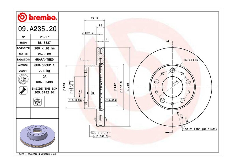 2X Brembo Front Brake Disc Rotor For Fiat Ducato, Mazda 6 - 09.A235.20