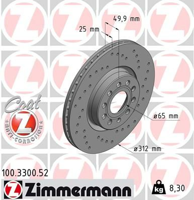 Zimmermann Disc Brake Rotors Pair 312mm Front For Skoda Octavia 5E5 5E6,1Z5,1Z3 