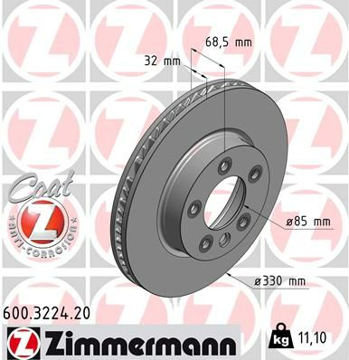 Zimmermann Disc Brake Rotor 330mm Front Left For Volkswagen Touareg CR7, 7LA V6