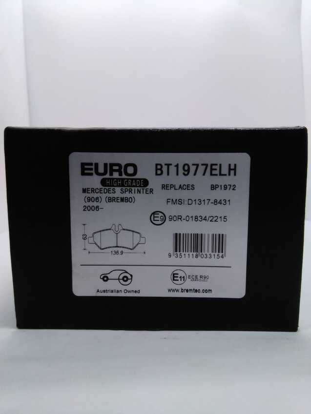 Bremtec Euroline High Grade Rear Brake Pad Set For Mercedes Sprinter 906 2006-On