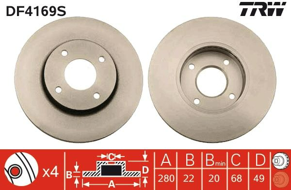 1X TRW Disc Brake Rotor 280mm Front For Nissan Pulsar VII N16 1.6L/1.8L