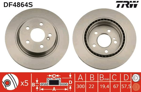 TRW Disc Brake Rotor Pair 300mm Rear For Mercedes-Benz E-Class A207, C207