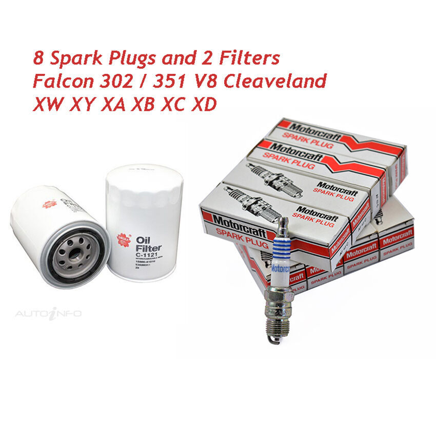 Denso Spark Plug (8 PACK) 2 Oil Filters for Falcon 302 / 351 V8 Cleaveland XW XY XA XB XC XD AF42C C-1121