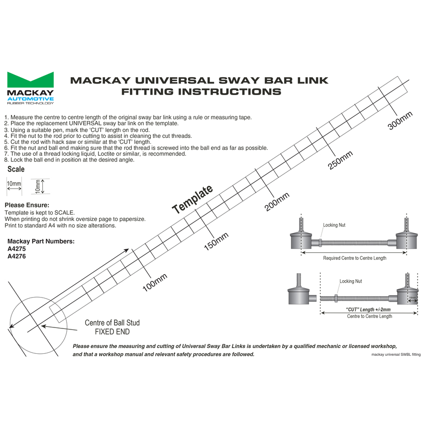 LR4275 Sway Bar Link - Rear Adjustable cut to length 330mm max, 10mm Ball Stud