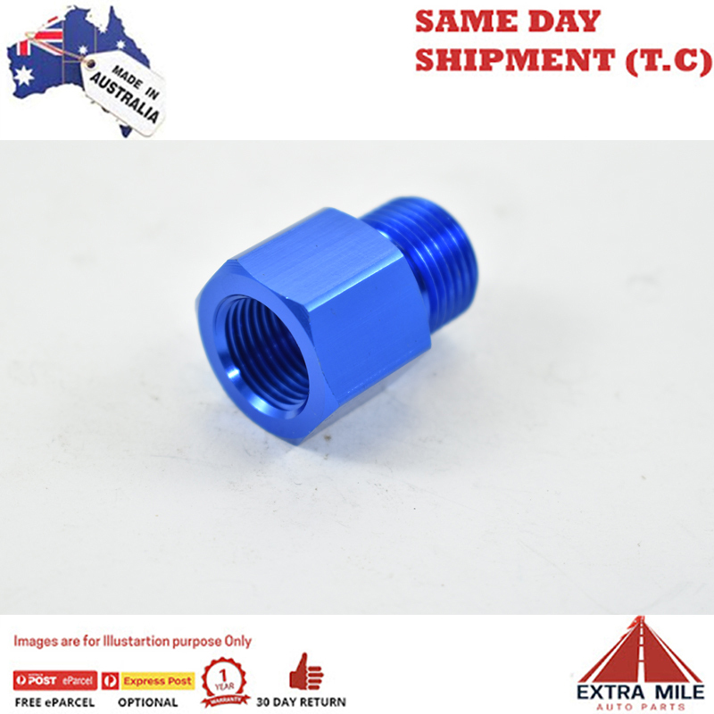 METRIC MALE M18x1.5 TO 5/8-18 UNF FEMALE MECH WATER TEMP GAUGE ADAPTOR Blue