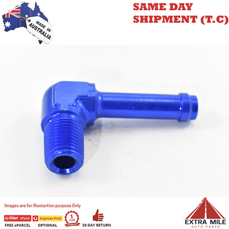 ELBOW 90 DEGREE FORGED 3/8 BARB to 1/4 NPT MALE Blue