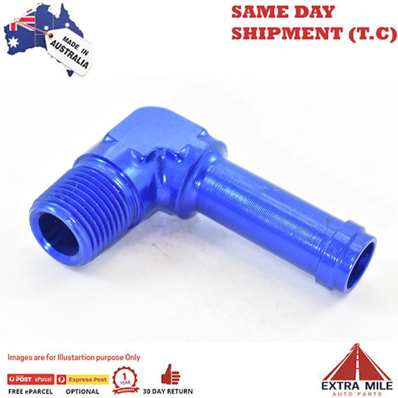 ELBOW 90 DEGREE FORGED 1/2 BARB to 3/8 NPT MALE Blue
