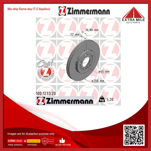 Zimmermann Disc Brake Rotor 256mm Front For Skoda Rapid NH1 1.2L/1.4L 7/12-12/19