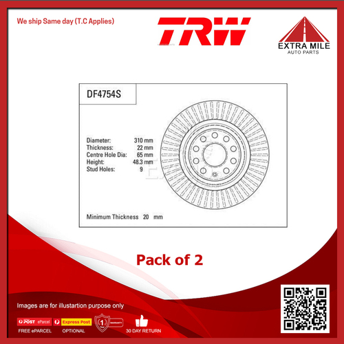 TRW Disc Brake Rotor Pair 310mm Rear For Volkswagen Arteon 3H9, 3H7, 3H8 2.0L
