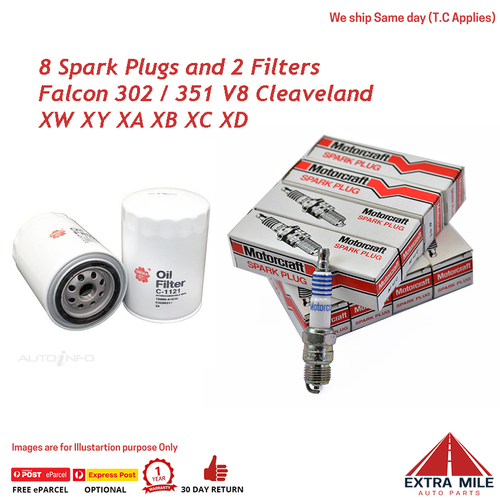 Denso Spark Plug (8 PACK) 2 Oil Filters for Falcon 302 / 351 V8 Cleaveland XW XY XA XB XC XD AF42C C-1121