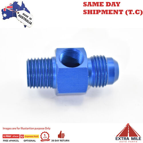 1/4 NPT MALE TO MALE FLARE -6 WITH 1/8 NPT GAUGE PORT Blue
